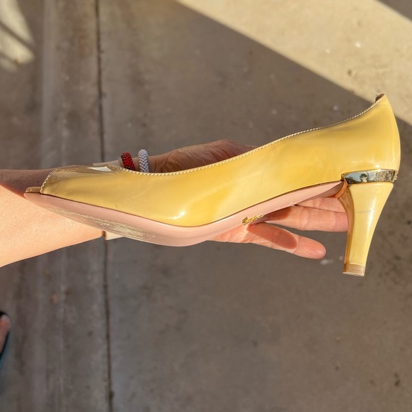 PRADA Patent Leather Yellow Peep Toe Heel w/Signature Gold Tone Plate - Picture 11 of 13